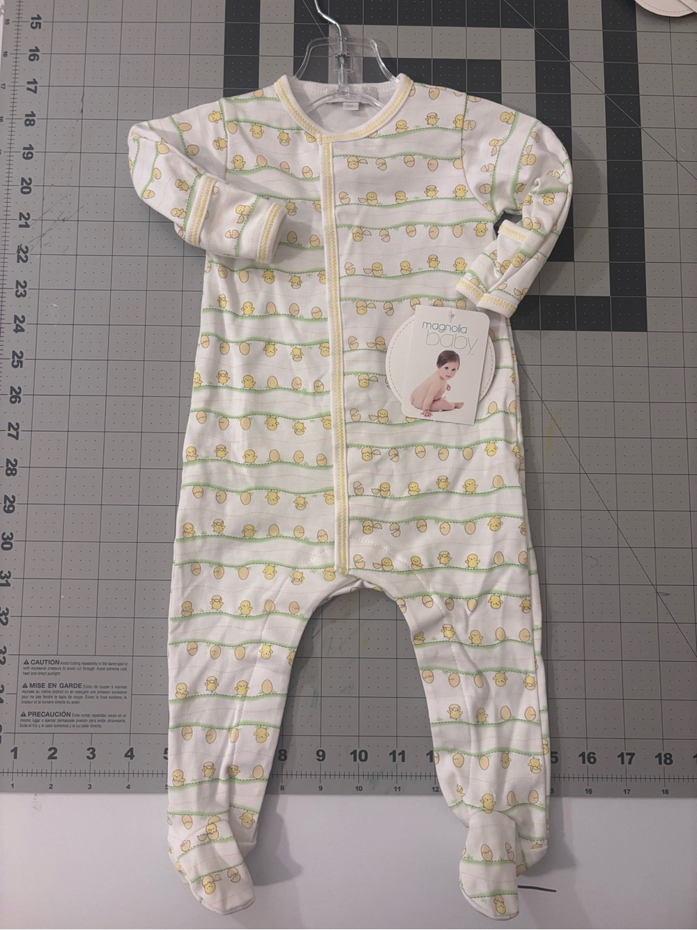 Magnolia Baby White Footed One-Piece with Yellow Chick Print and Green Stripes